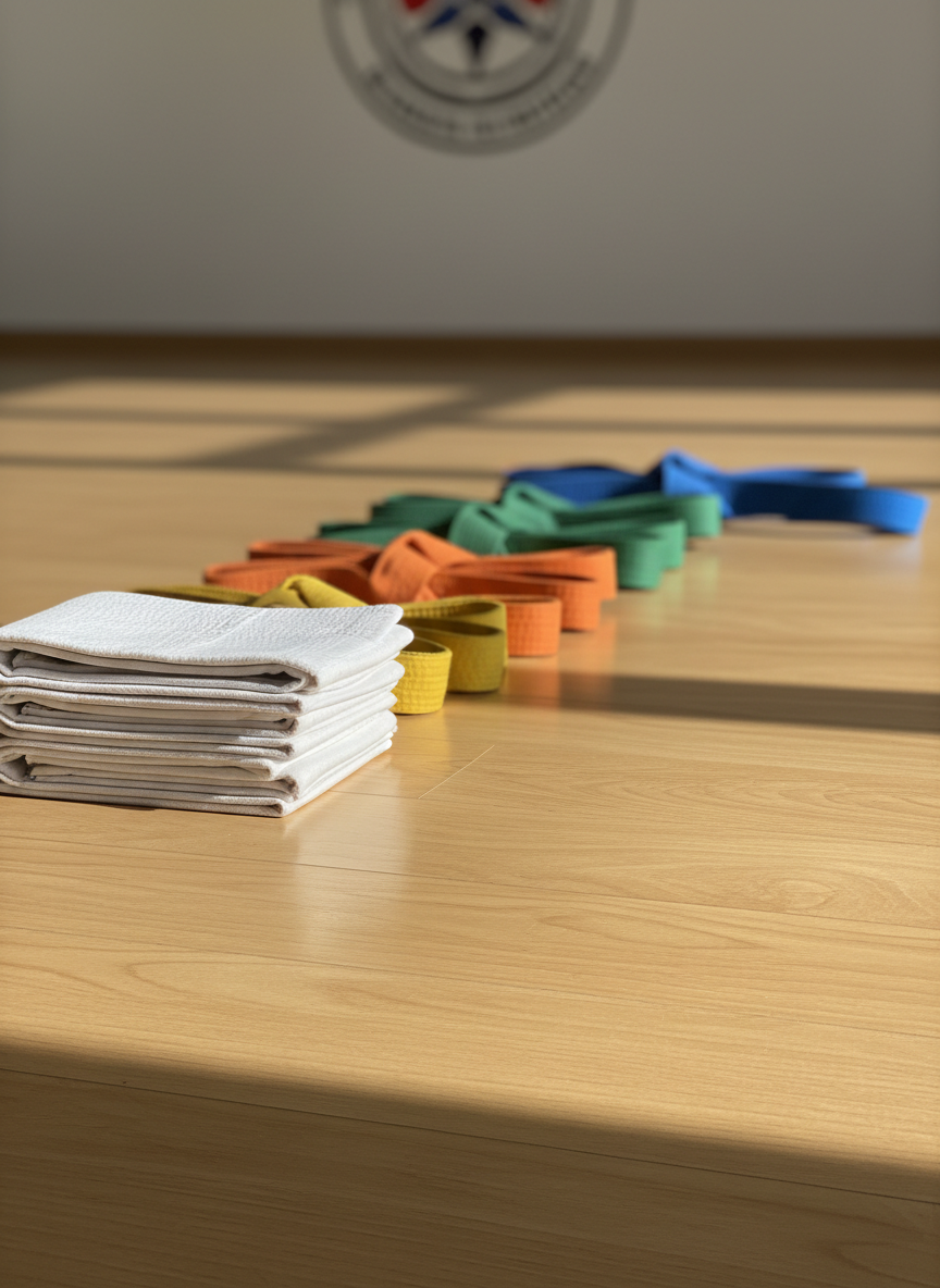 A neatly arranged row of small, child-sized karate belts laid out on a smooth, light wooden dojo floor, starting with crisp white belts and progressing through yellow, orange, and green toward a single blue belt at the far end. Each belt is tightly folded with visible stitched edges and soft cotton texture. Natural afternoon light pours in from an unseen side window, creating long, gentle shadows and a warm, inviting glow. The background falls softly out of focus, hinting at a clean, minimalist dojo wall with a faint outline of a karate emblem. Photographic realism, shot at floor level with a shallow depth of field, conveying progress, discipline, and the journey of young beginners in Bucharest karate classes.
