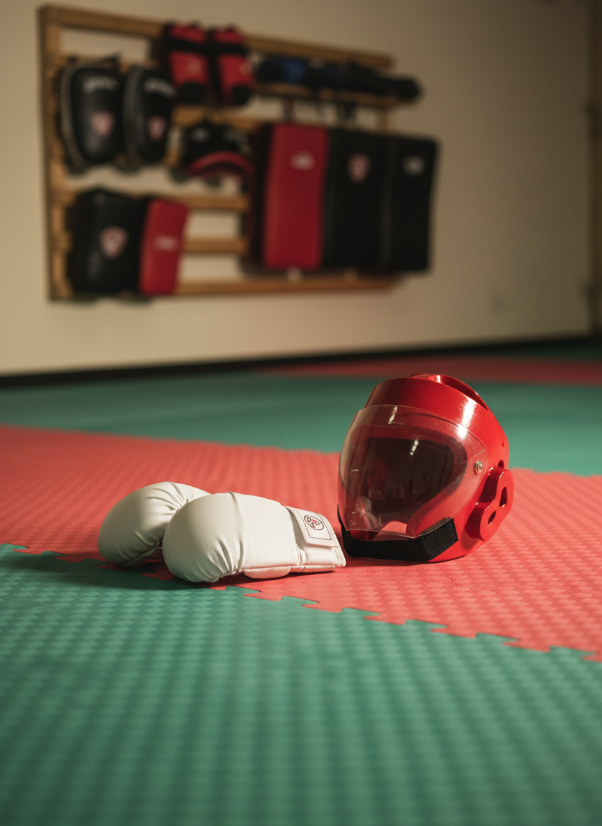 A close-up, photographic view of the corner of a dojo in Bucharest, with interlocking green and red tatami mats meeting in a crisp diagonal line on the floor. On the mat rests a small, child-sized pair of white karate gloves and a red protective helmet, both with smooth, slightly glossy surfaces and visible stitching. A wooden wall-mounted rack in the softly blurred background holds neatly arranged training pads and focus mitts. Warm overhead studio lighting creates clear, but not harsh, shadows and subtle reflections on the equipment. Shot from a slightly elevated angle with sharp focus in the foreground and gentle bokeh behind, the scene feels energetic yet orderly, suggesting safe, well-structured training for children.