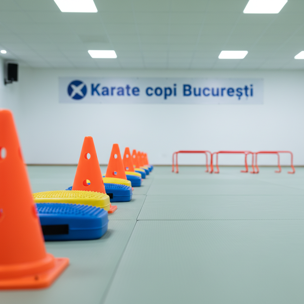 A vibrant, photographic scene of colorful training equipment neatly arranged along the edge of a bright dojo floor for children’s karate in Bucharest. Lightweight orange cones, soft foam balance pads, and small agility hurdles are lined up precisely on the boundary of smooth tatami mats, their colors popping against the neutral green surface. In the softly blurred background, a simple wall displays a horizontal banner reading “Karate copii București” in clean, modern typography. Overhead LED lights cast even, shadow-softening illumination, creating a fresh, energetic mood. Captured from a low, side angle with a long perspective down the line of equipment, the composition suggests structured play, progression, and a dynamic, kid-friendly training program.