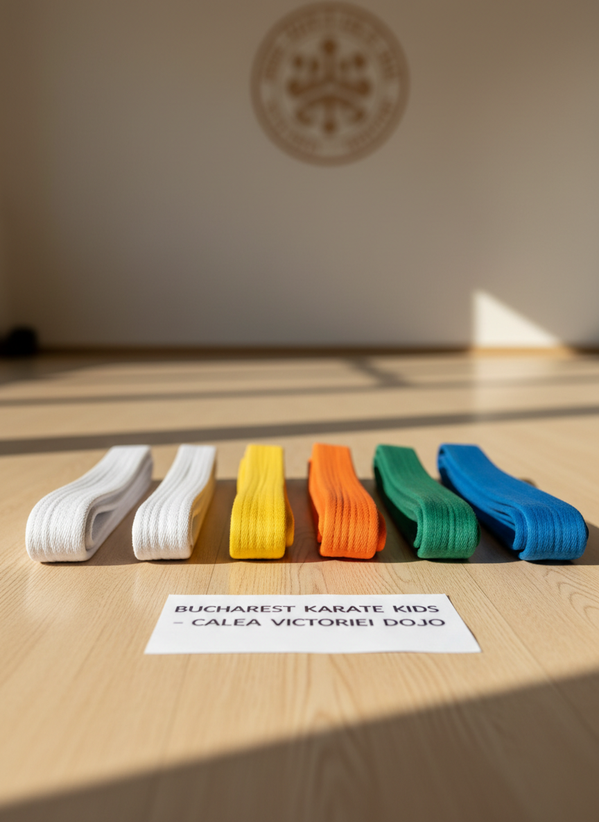 A neatly arranged row of small, child-sized karate belts laid out on a smooth, light wooden dojo floor, starting with crisp white belts and progressing through yellow, orange, and green toward a single blue belt at the far end. Each belt is tightly folded with visible stitched edges and soft cotton texture. Natural afternoon light pours in from an unseen side window, creating long, gentle shadows and a warm, inviting glow. The background falls softly out of focus, hinting at a clean, minimalist dojo wall with a faint outline of a karate emblem. Photographic realism, shot at floor level with a shallow depth of field, conveying progress, discipline, and the journey of young beginners in Bucharest karate classes.