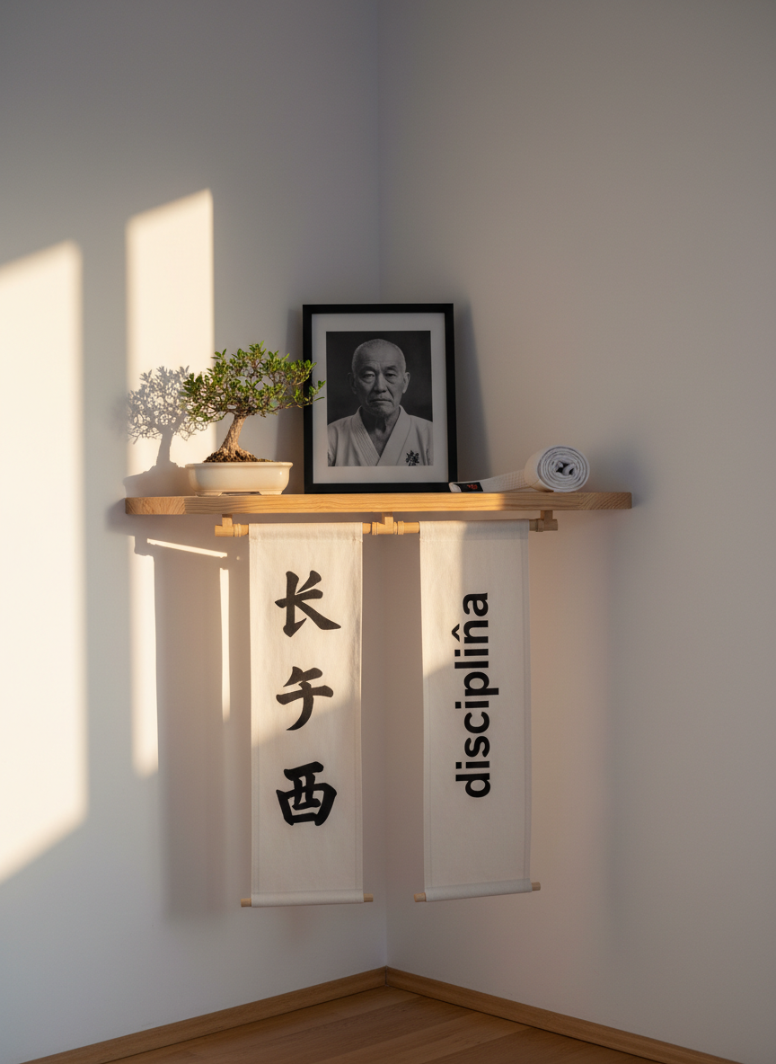 A traditional dojo altar corner rendered in photographic realism, adapted for a children’s karate school in Bucharest. A simple, light-wood shelf holds a framed black-and-white portrait of a Japanese karate master, flanked by a small bonsai tree and a neatly rolled white child-sized belt. Beneath, a clean white wall bears two vertical banners: one with Japanese kanji for “karate-do” and the other with the word “disciplină” in Romanian. Soft morning light filters from the left, producing gentle, respectful shadows and a serene atmosphere. The camera is at eye level with a centered composition, emphasizing balance, respect, and the connection between Japanese tradition and local Romanian culture that shapes the kids’ training environment.