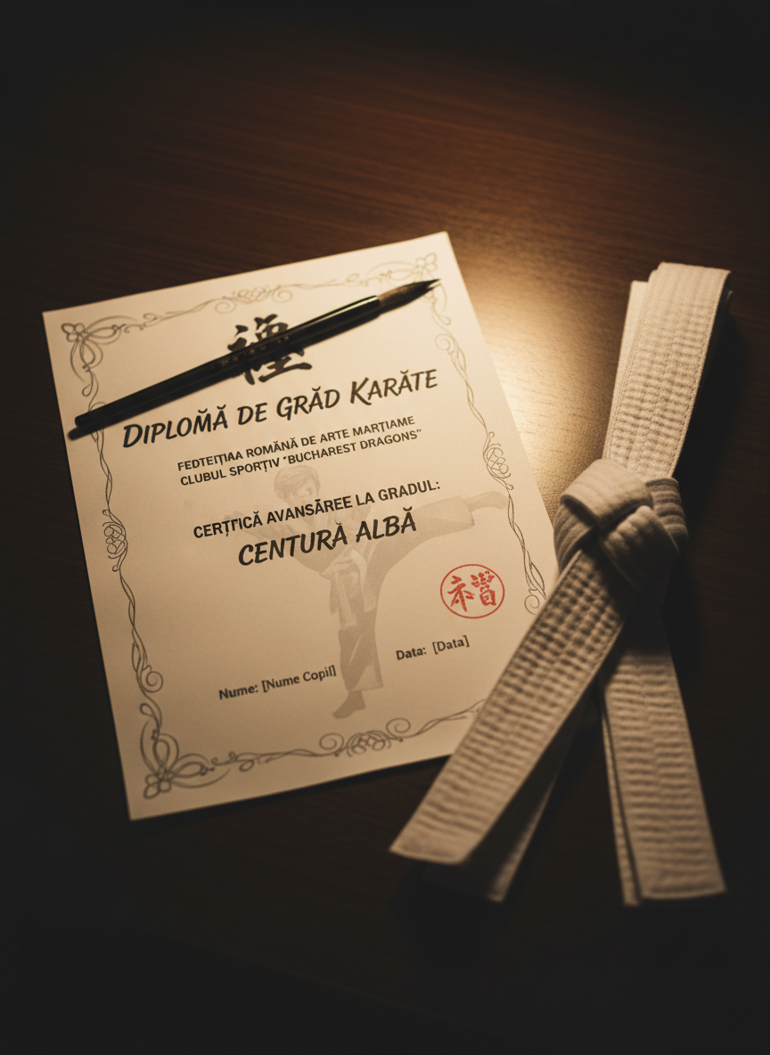 A close, cinematic photograph of a child-sized karate belt certificate laid on a dark wooden desk, next to a crisp white belt tied in a perfect knot. The certificate features Romanian text with elegant typography, a small red stamp resembling a traditional Japanese hanko, and a faint watermark of a karate figure in the background. A black ink calligraphy brush rests diagonally across the top corner, its bristles slightly splayed. Warm, directional desk lighting from the right creates a focused pool of light, leaving the edges of the frame in soft shadow, evoking accomplishment and ceremony. Shot from a slightly elevated angle with sharp detail, this image communicates visible progress and the formal recognition children receive in the Bucharest karate program.