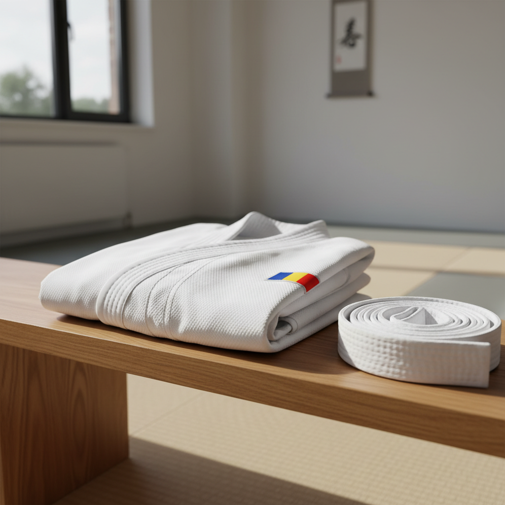 A pristine white karate gi sized for a child, neatly folded on a low, polished wooden bench in a bright, modern dojo. The fabric shows subtle creases and a slightly textured weave, with a narrow Romanian tricolor patch sewn carefully on the sleeve and a white belt coiled beside it. Soft, diffused daylight enters from large unseen windows, creating gentle highlights along the gi’s folds and a calm shadow beneath the bench. In the blurred background, the edge of a tatami mat and a minimalist wall with a small Japanese calligraphy scroll can be seen. Photographic realism, eye-level composition with clean lines, conveying professionalism, care, and a welcoming atmosphere for kids’ karate in Bucharest.
