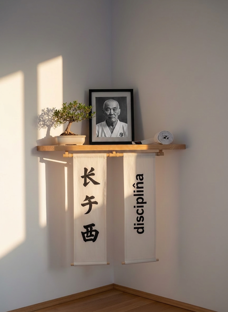 A traditional dojo altar corner rendered in photographic realism, adapted for a children’s karate school in Bucharest. A simple, light-wood shelf holds a framed black-and-white portrait of a Japanese karate master, flanked by a small bonsai tree and a neatly rolled white child-sized belt. Beneath, a clean white wall bears two vertical banners: one with Japanese kanji for “karate-do” and the other with the word “disciplină” in Romanian. Soft morning light filters from the left, producing gentle, respectful shadows and a serene atmosphere. The camera is at eye level with a centered composition, emphasizing balance, respect, and the connection between Japanese tradition and local Romanian culture that shapes the kids’ training environment.